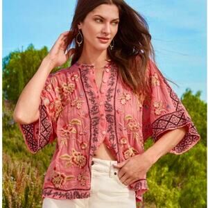 Johnny Was Mulane Embroidered Blouse Sunset Coral Boho Top M/L (No Size Tag)